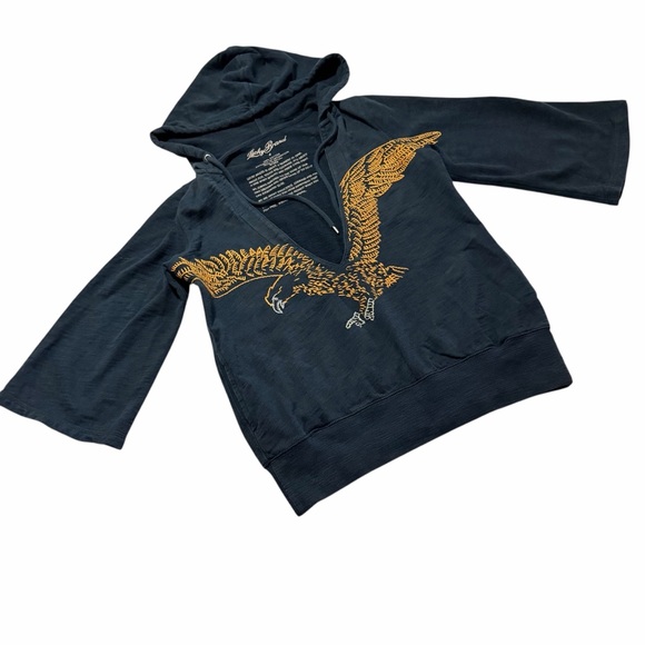 Lucky Brand Black Embroidered Eagle Hoodie Size Small Deep V Pullover Active - Picture 4 of 12